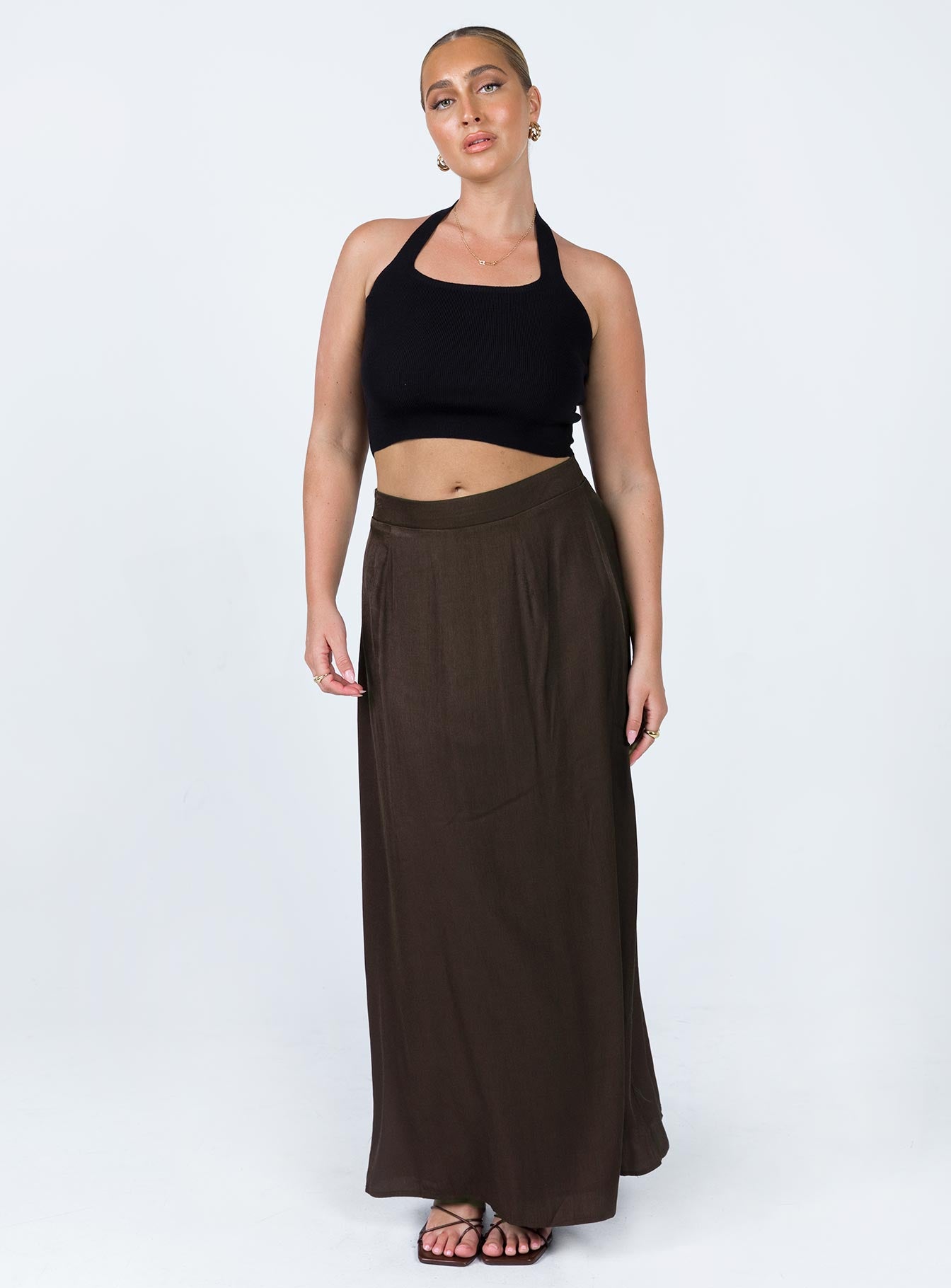   front view of model wearing Princess Polly Baldwin Maxi Skirt Brown 