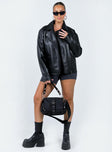 Oversized jacket Faux leather material  Classic collar  Zip front fastening Single hip pockets
