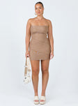 Front view of model wearing  front Princess Polly Asymmetric Neckline  Giorgia Strapless Mini Dress Beige