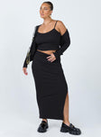 Matching three piece set Ribbed material Long sleeve cardigan  Button fastening at front Crop top Scoop neckline Adjustable shoulder straps Midi skirt Elasticated waistband Slit at side