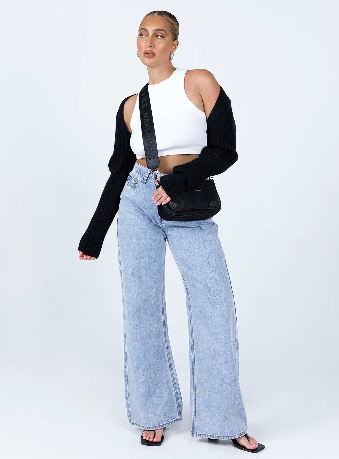 front view of model wearing Princess Polly Aytan Bolero Sweater Black Cropped 