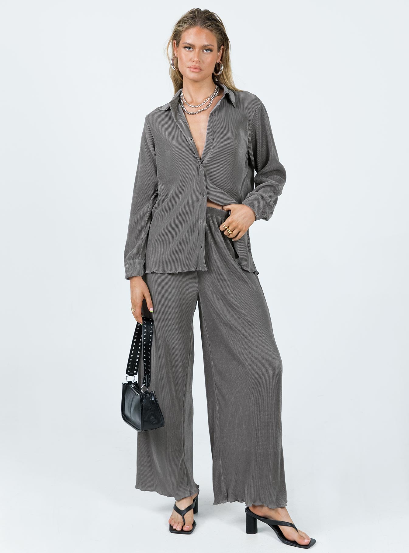 product Princess Polly Full Sleeves High Neck  Cartmore Plisse Top Charcoal