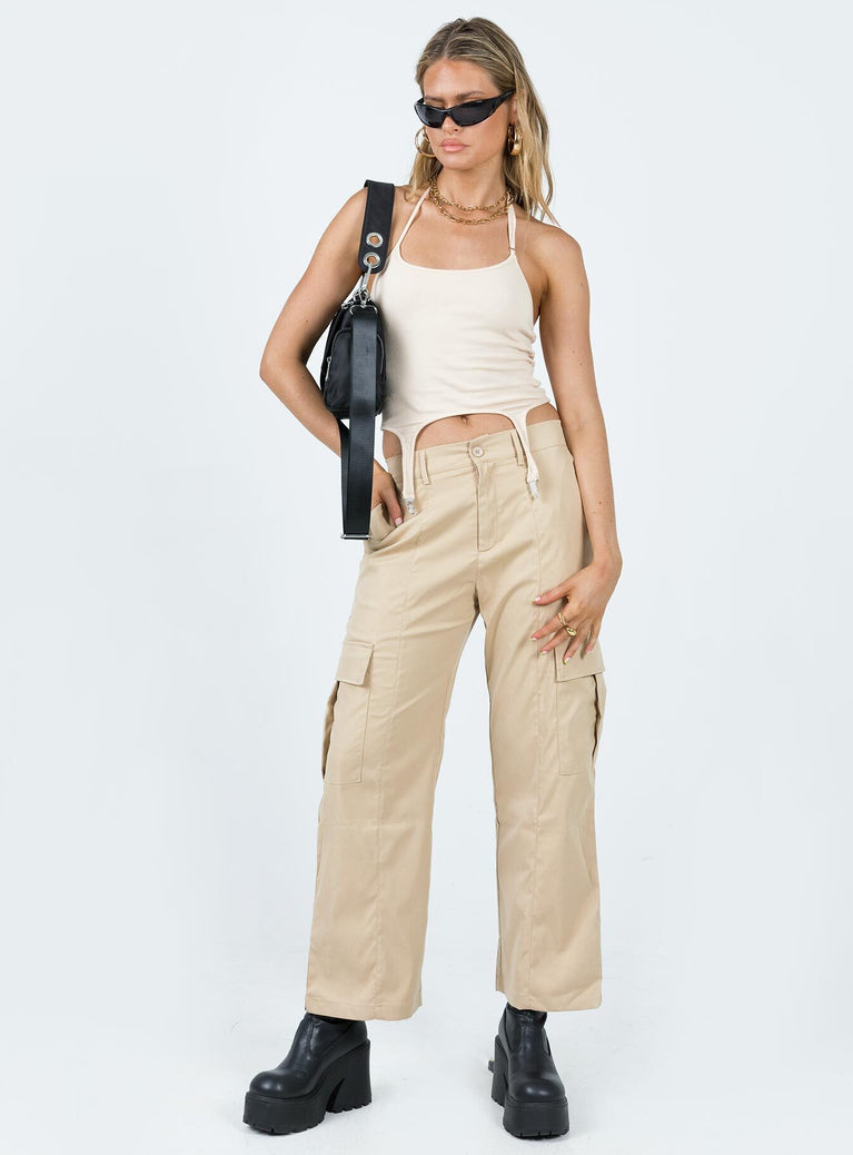 Front view of model wearing  front Princess Polly  Nichols Cargo Pants Beige