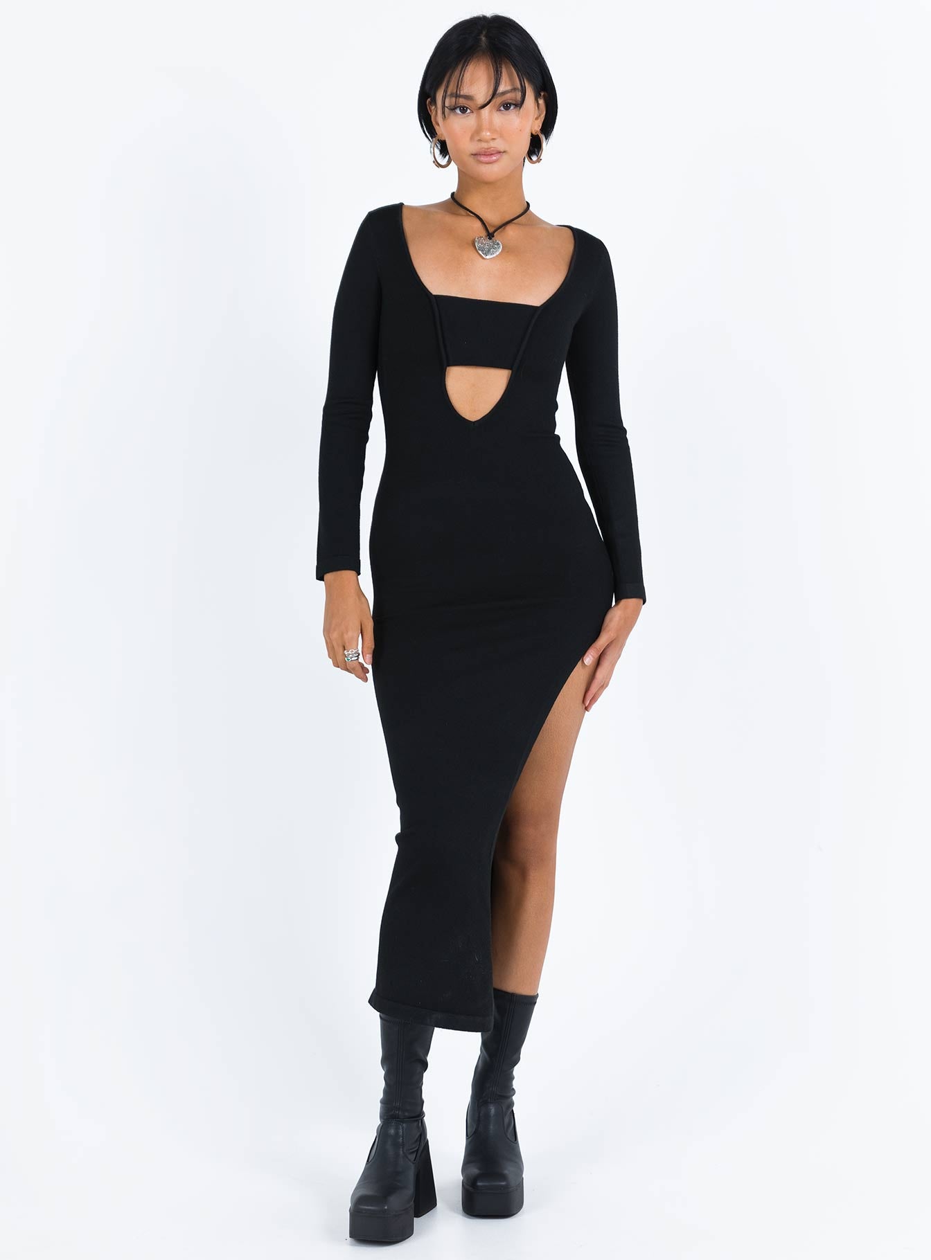 Front view of model wearing  front Princess Polly Crew Neck  Marple Cut Out Maxi Dress Black