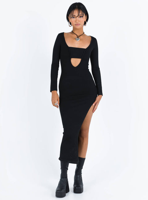 Front view of model wearing  front Princess Polly Crew Neck  Marple Cut Out Maxi Dress Black