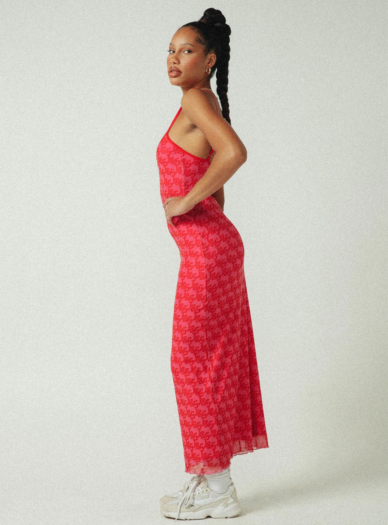 Front view of model wearing  front Princess Polly High Neck  JGR & STN Fae Maxi Dress Pink