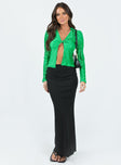 Long sleeve top Silky material Plisse design Twist at bust Classic collar V-neckline Open front