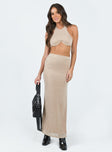 Matching set Crop top Halter neck tie Wired bust Maxi skirt Elasticated waistband Slit at side