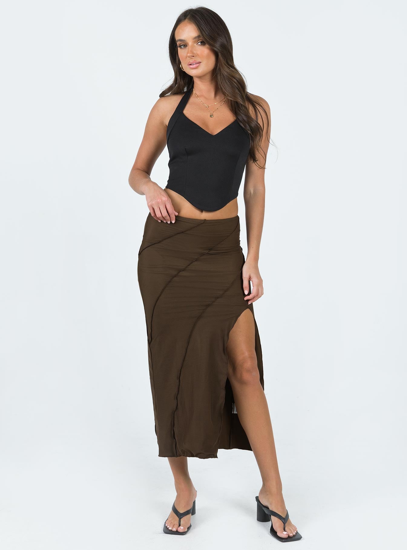 Front view of model wearing  front Erika Midi Skirt Brown Princess Polly  Midi Skirts 