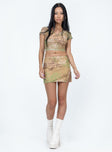 Matching set Sheer mesh material  Floral print  Crop top  V neckline  Cap sleeves  Mini skirt  Elasticated waistband  Side slit 