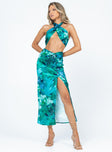 Matching set Silky material  Delicate material - wear with care  Printed design  Crop top  Can be tied multiple ways  High waisted midi skirt  Twisted waistband  High side slit  Non-stretch Lined bust 