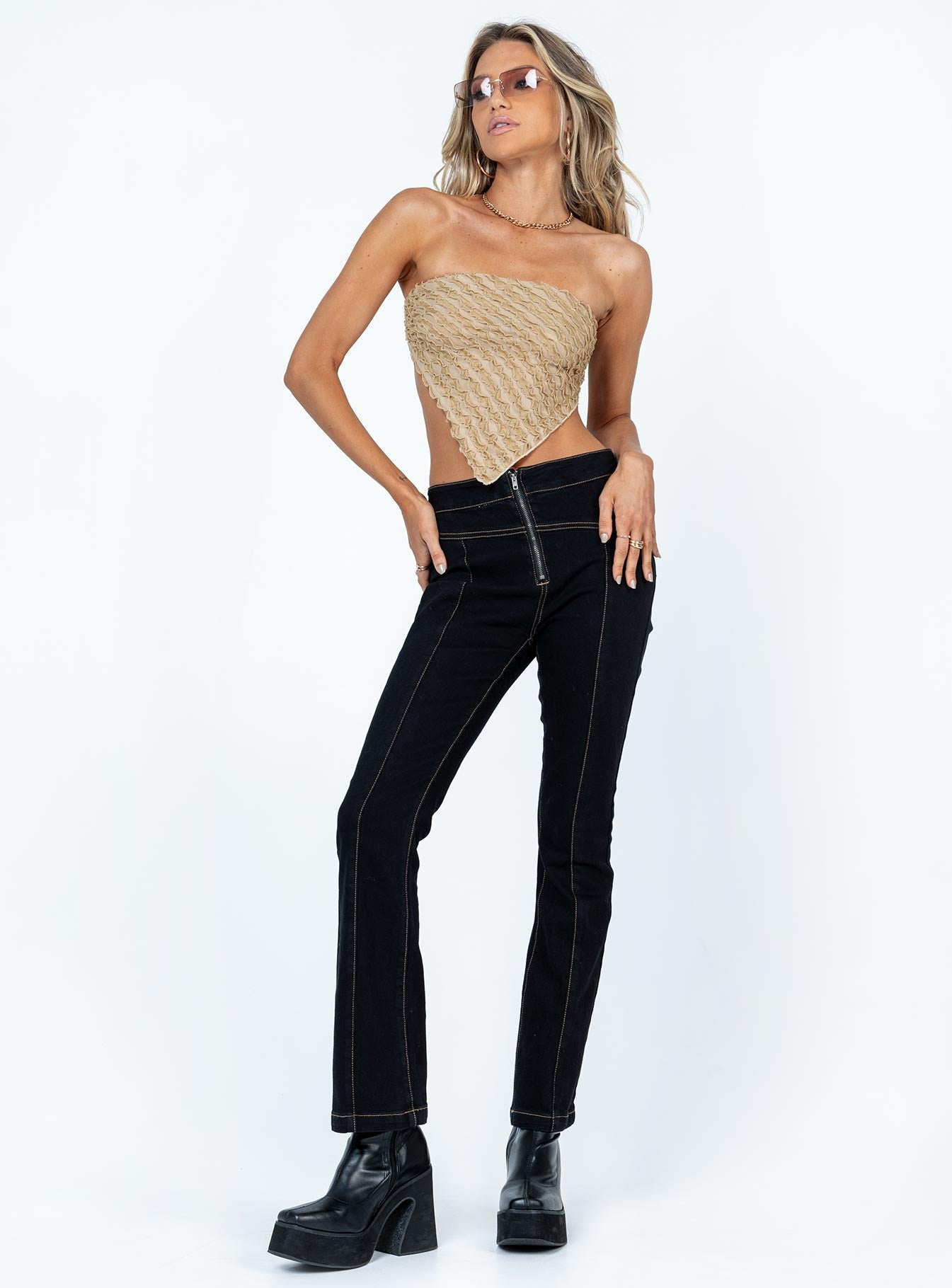 front view of model wearing Princess Polly Valmont Strapless Top Beige Sleeveless 