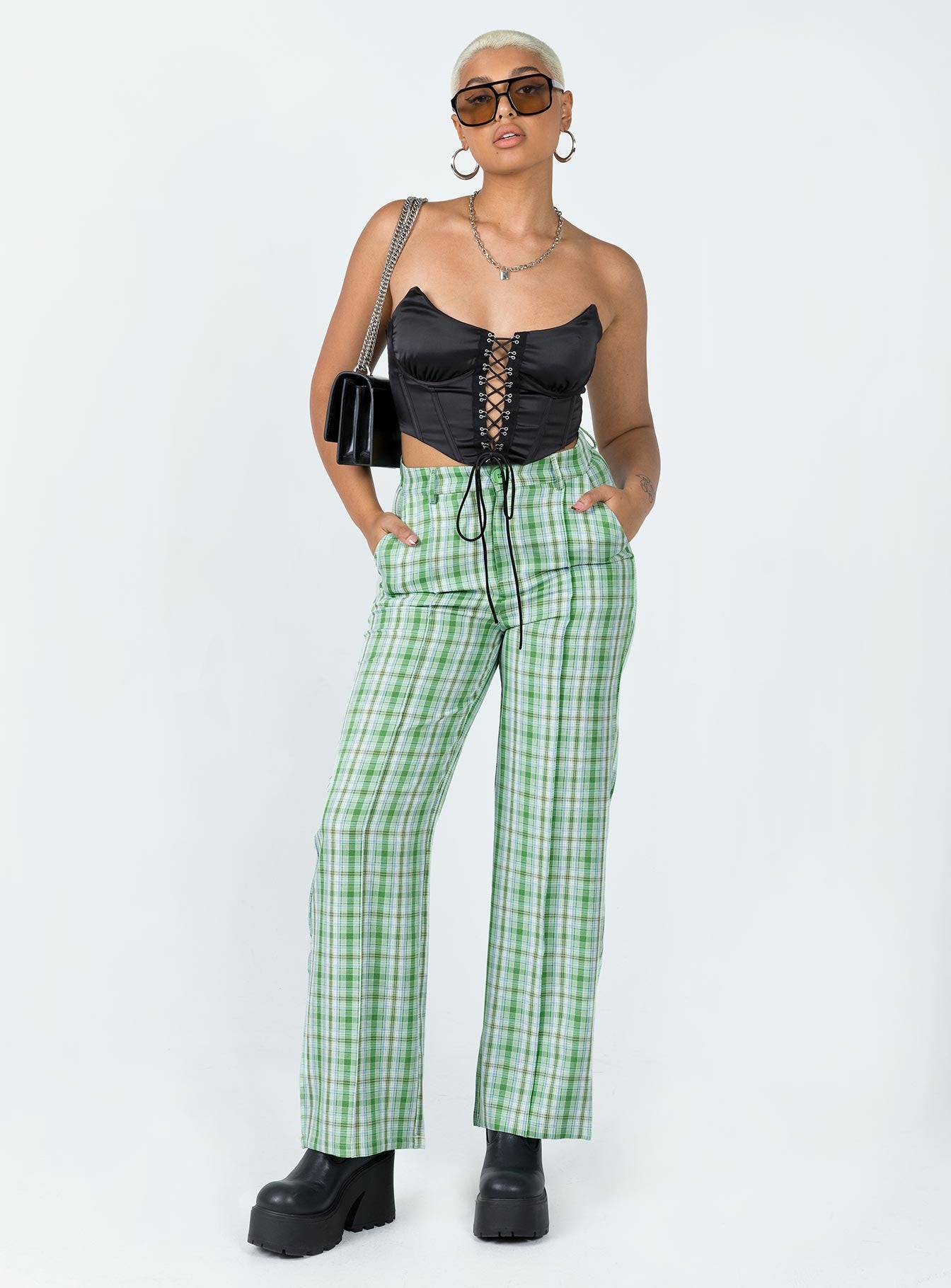 front view of model wearing Princess Polly Wiluna Pants Green 