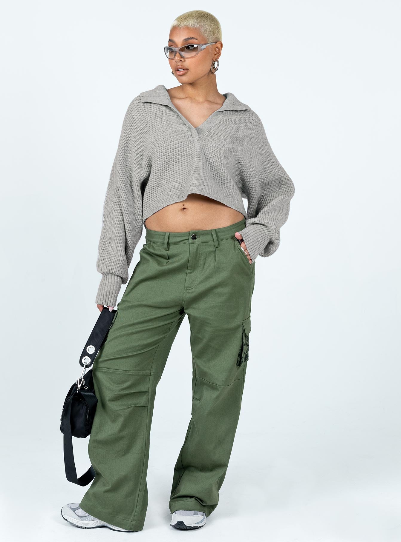 front view of model wearing Princess Polly Tiara Cropped Sweater Grey Cropped 