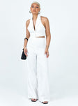 White matching set Pinstripe print Vest top Halter neck Hook & eye fastening at front Tailored pants Invisible zip fastening at side Wide leg