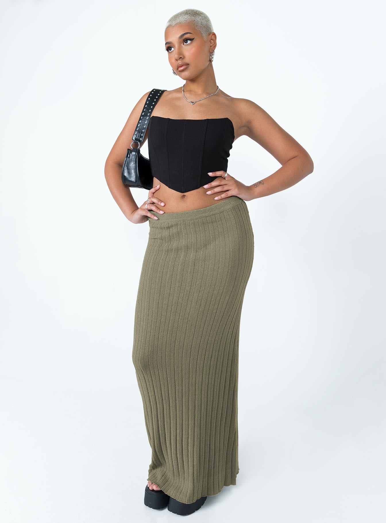 product Belle Knit Maxi Skirt Khaki Princess Polly  Maxi 