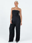 Strapless jumpsuit Folded neckline Inner silicone strip at bust Invisible zip fastening at back