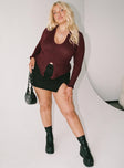 Front view of model wearing  front Princess Polly Full Sleeves High Neck  Lahey Long Sleeve Polo Knit Maroon Curve