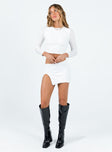 Matching set Textured material Long sleeve top Invisible zip fastening at back Mini skirt High leg slit