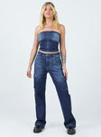 Strapless top Denim material  Inner silicone strip at bust  Stitched graphic  Zip fastening at front  Lace-up back 