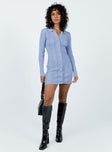 Front view of model wearing  front Princess Polly Crew Neck  Palermo Long Sleeve Mini Dress Blue