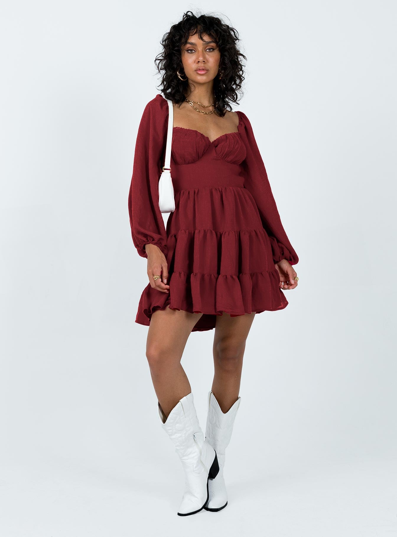 product Princess Polly Crew Neck  Danny Long Sleeve Mini Dress Burgundy
