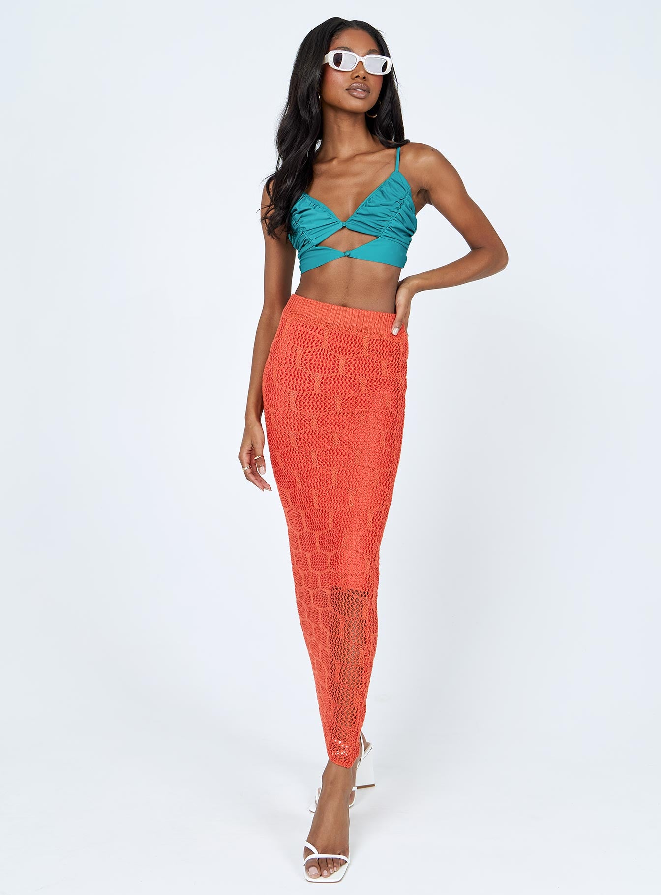 front view of model wearing Princess Polly Eadie Top Green 