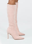 Knee-high boots Faux suede material Zip fastening at side Pointed toe Stilleto heel Padded footbed