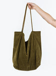 Tote bag Slim fixed handles Soft cord material One main large compartment Small internal pocket