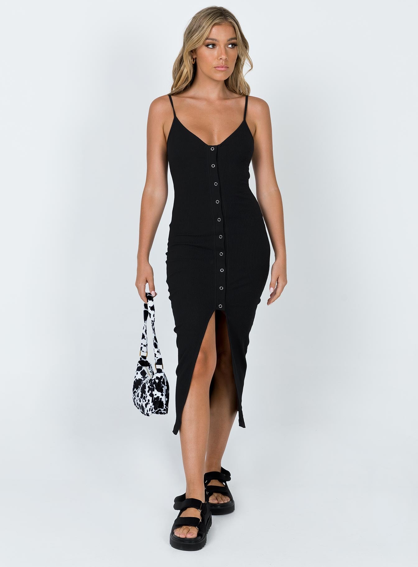 front view of model wearing Princess Polly Muir Midi Dress Black 