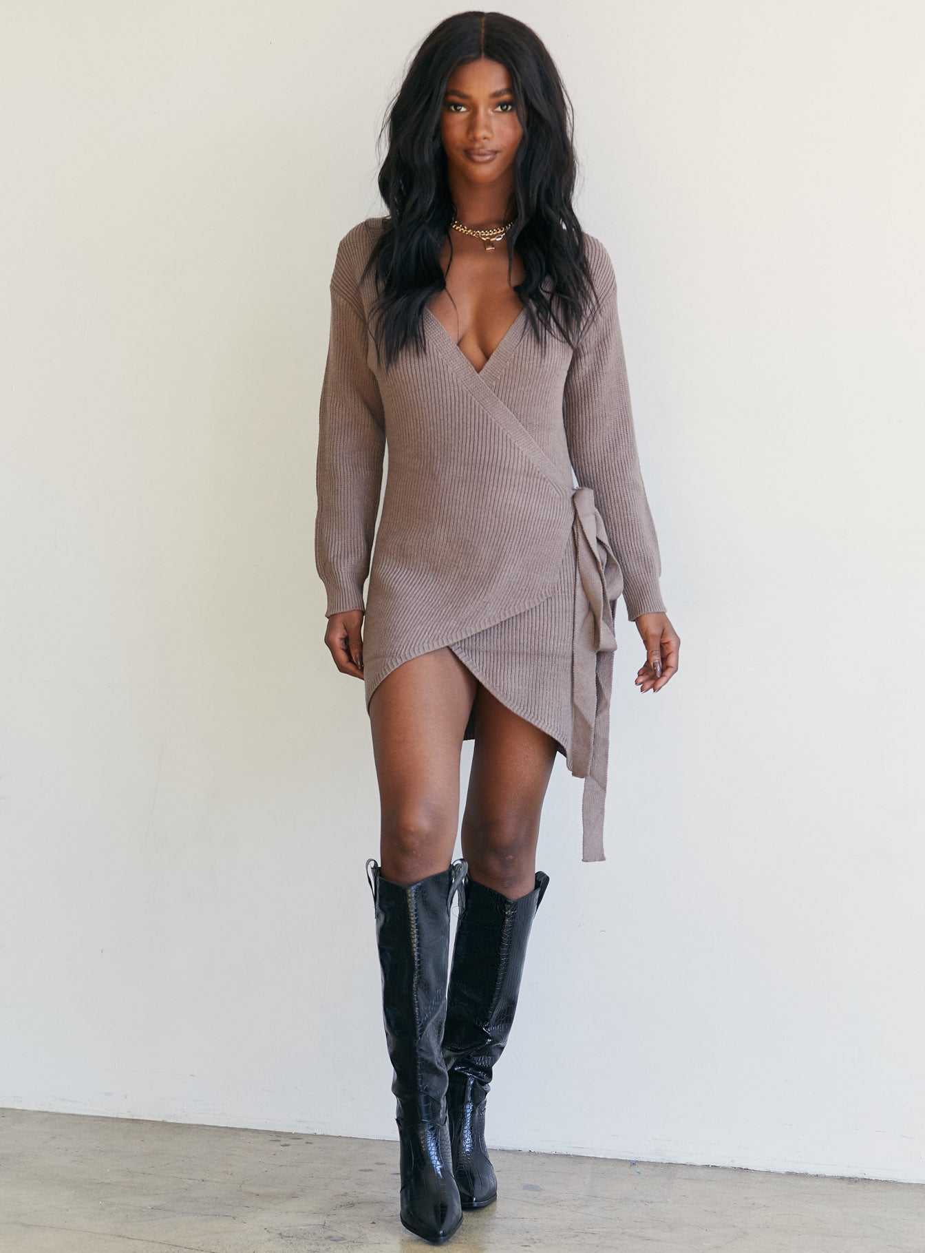 front view of model wearing Princess Polly Phenix Mini Dress Chocolate 