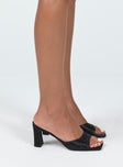 Heels Silky material Diamante detail Single wide upper Flared block heel Squared toe
