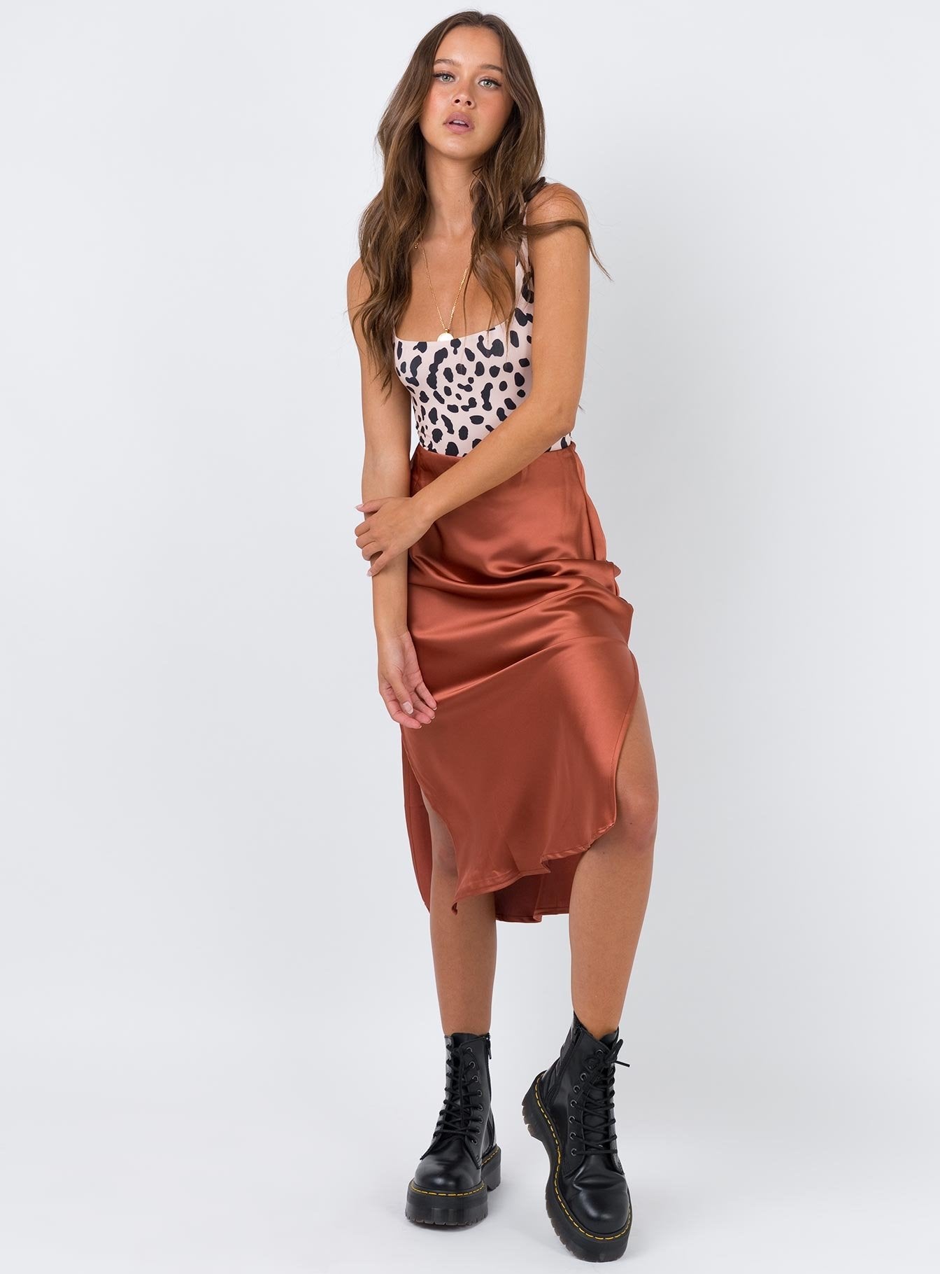   front view of model wearing Princess Polly Cleo Lavoe Midi Skirt Rust 