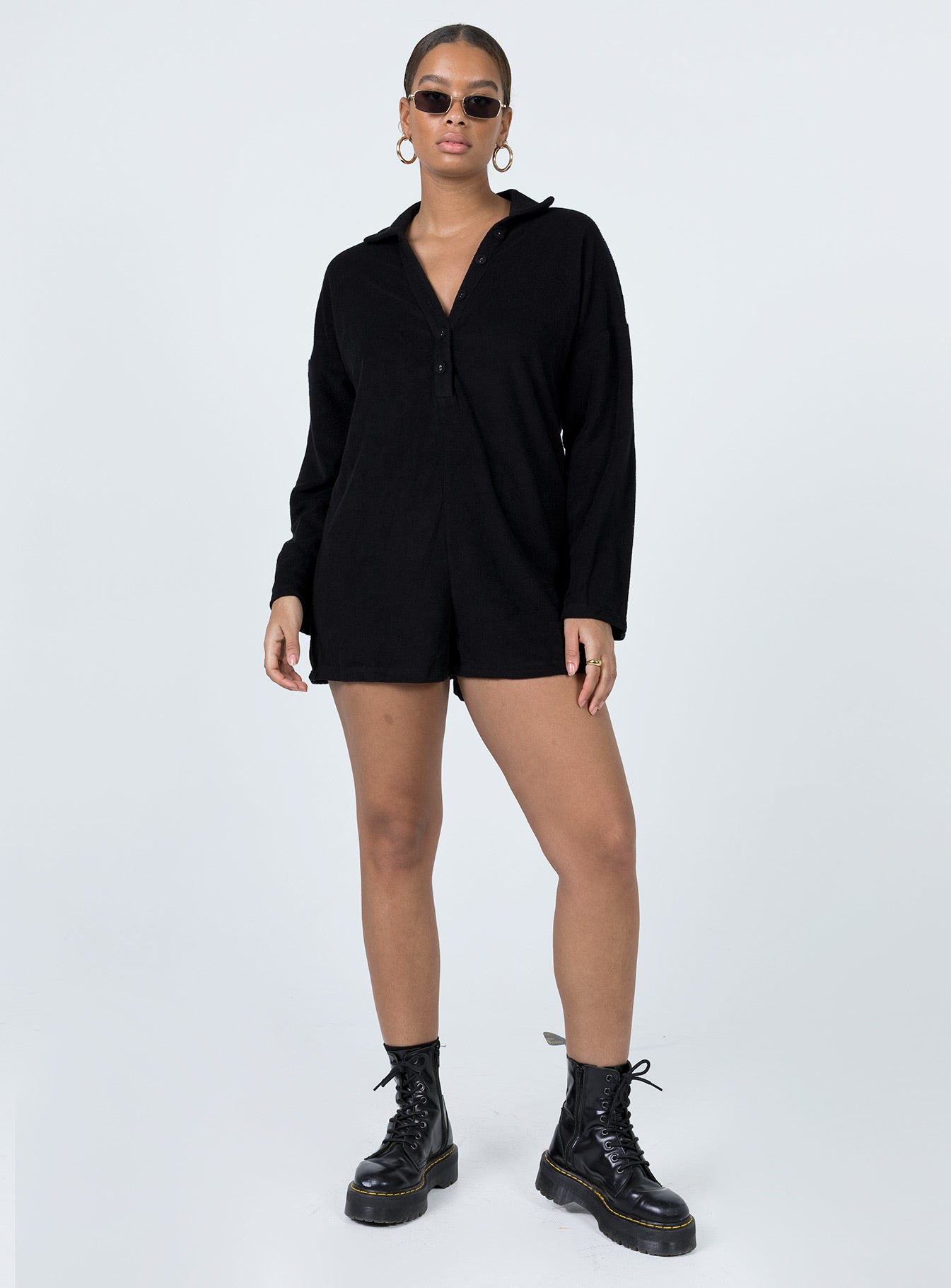 Kegan Long Sleeve Terry Romper Black