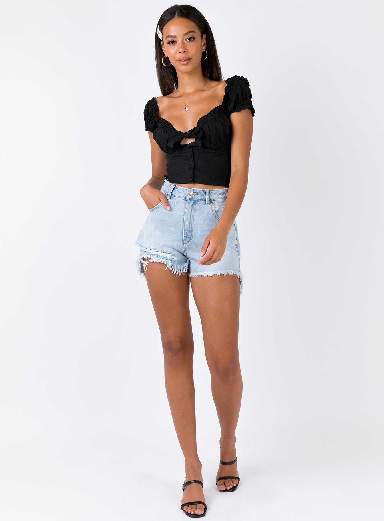 side view of model wearing Princess Polly Elouise Crop Top Black 