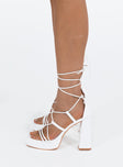 White heels Faux leather material Strappy upper Block heel Square toe