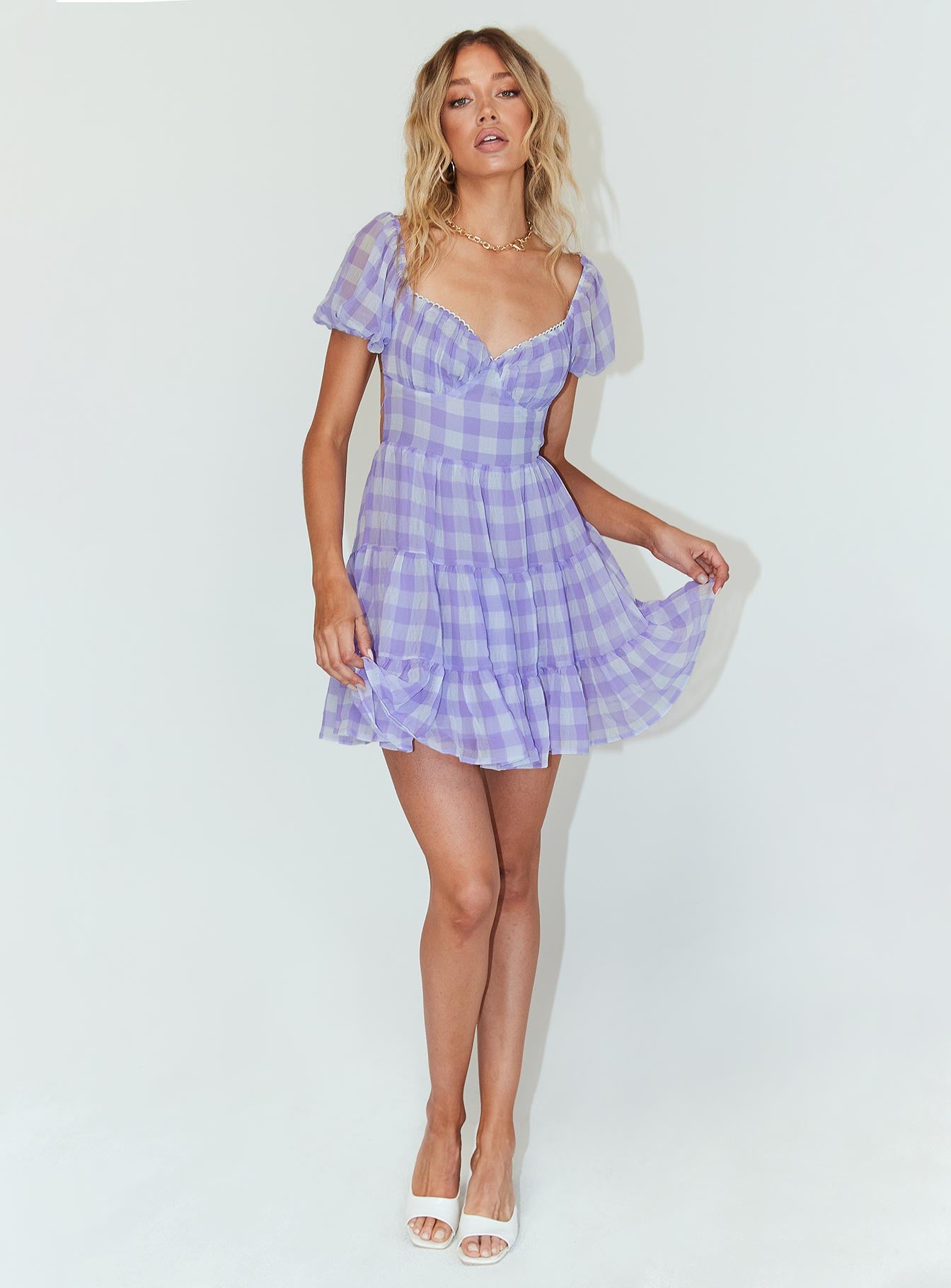 front view of model wearing Princess Polly Danny Mini Dress Lilac 