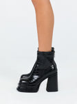 Black boots Faux croc leather Zip fastening at back Platform base Block heel