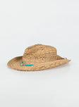 Cowboy hat Woven straw Curved wide brim  Internal adjustable drawstring Mouldable brim shape Bead detail