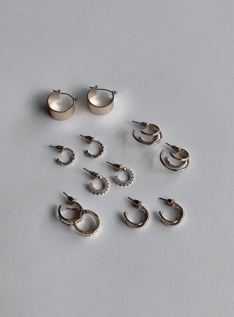 Earring pack Pack of six styles All hoop design Stud fastening Gold-toned Each style differs