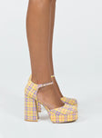 Platform heels  Man-made upper, lining & outsole Plaid print  Closed toe  Block heel  Ankle buckle fastening  Platform base 