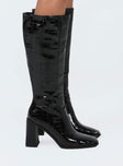 Knee high boots Faux leather material Croc print Squared toe Flared block heel Zip fastening at side