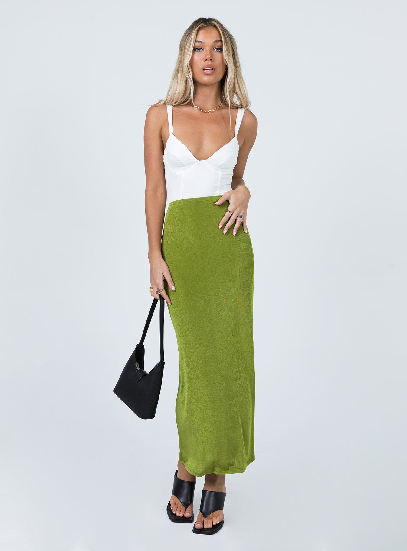 front view of model wearing Princess Polly Peyton Bodysuit White Sleeveless 