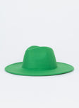 Green Fedora hat 65% cotton 35% polyester Faux felt material  Stiff brim  Adjustable inner headband 