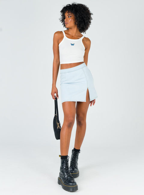   front view of model wearing Princess Polly The Lola Mini Skirt Light Wash Denim Skirts 