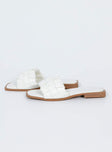 White sandals Faux leather material Woven look upper Square toe Padded footbed