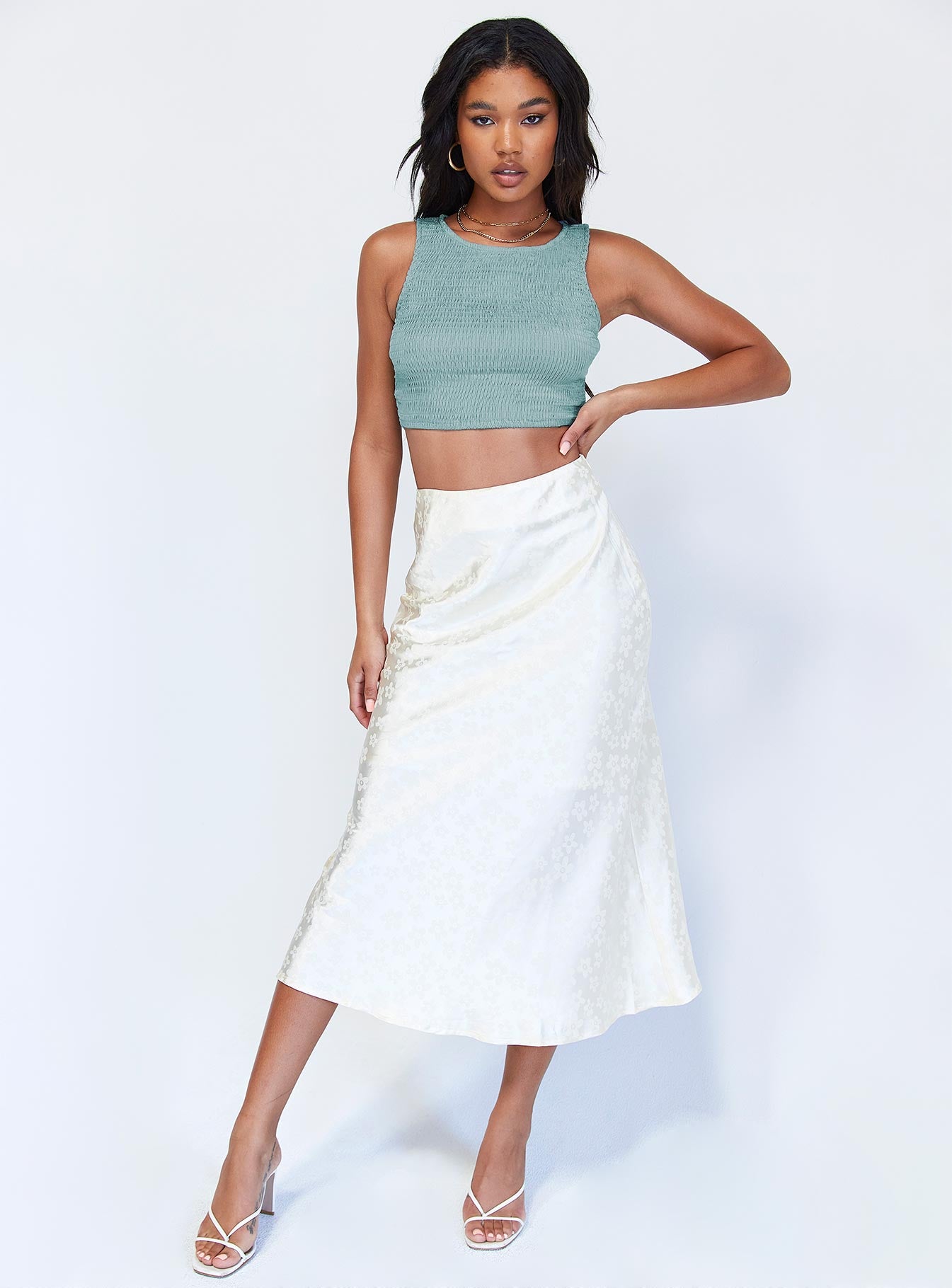 front view of model wearing Princess Polly Justine Top Blue 