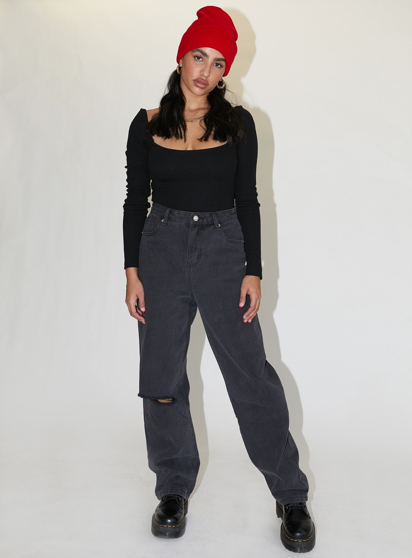 front view of model wearing Princess Polly Charlotte Bodysuit Black Tall Full Sleeves Square Neck 