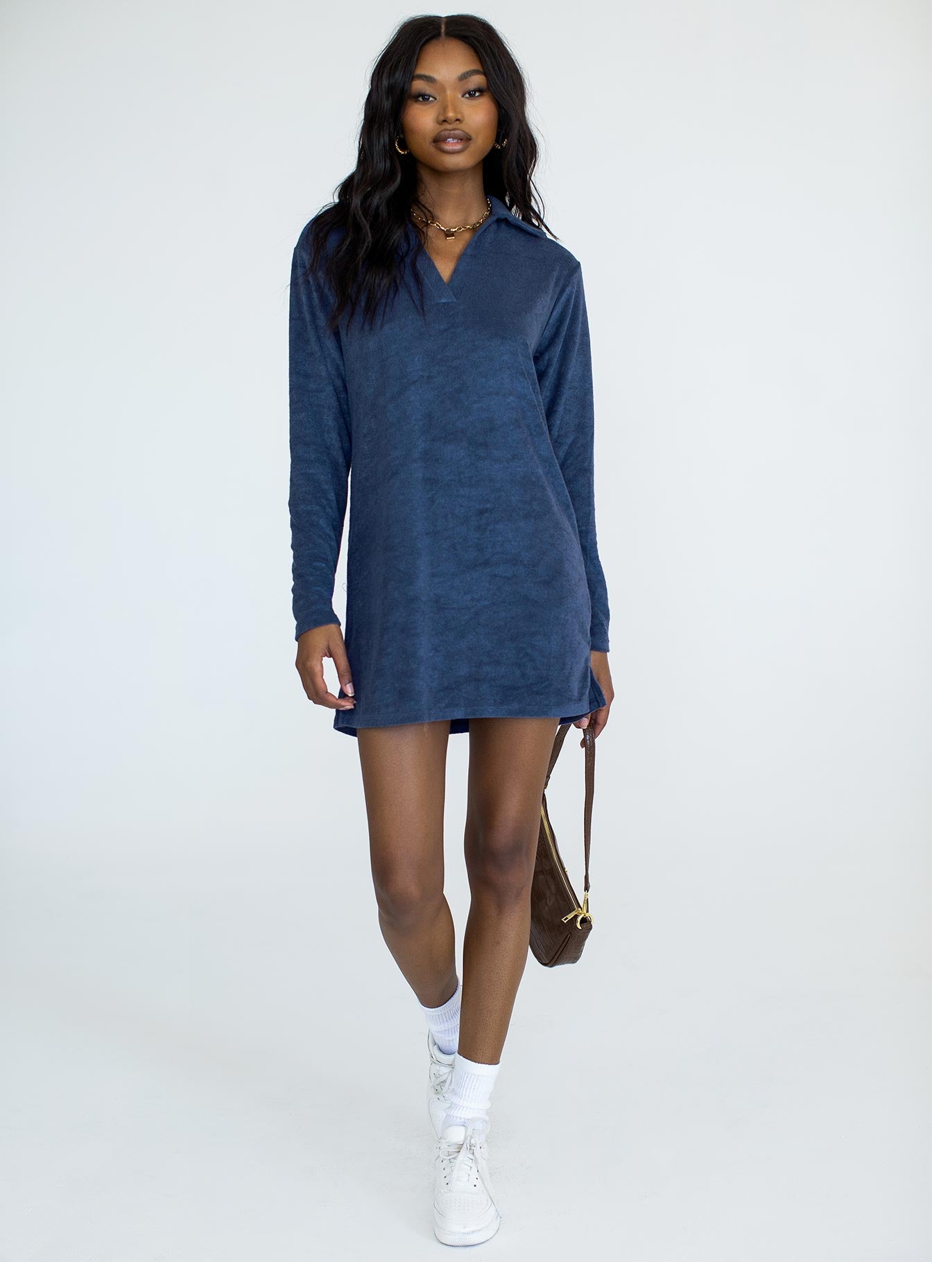 front view of model wearing Princess Polly Farah Mini Dress Navy 