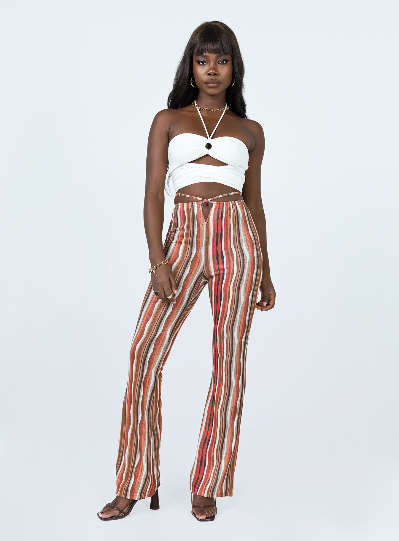 front view of model wearing Princess Polly Arizona Flare Pants Multi 
